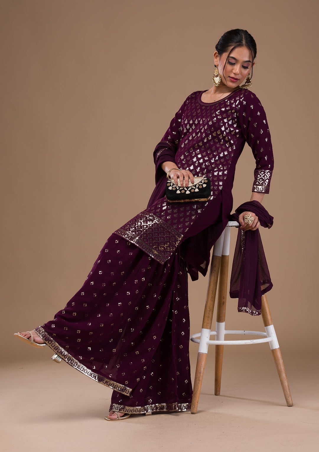Wine Sequins Georgette Readymade Salwar Suit-Koskii