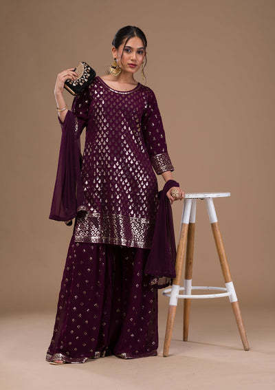 Wine Sequins Georgette Readymade Salwar Suit-Koskii