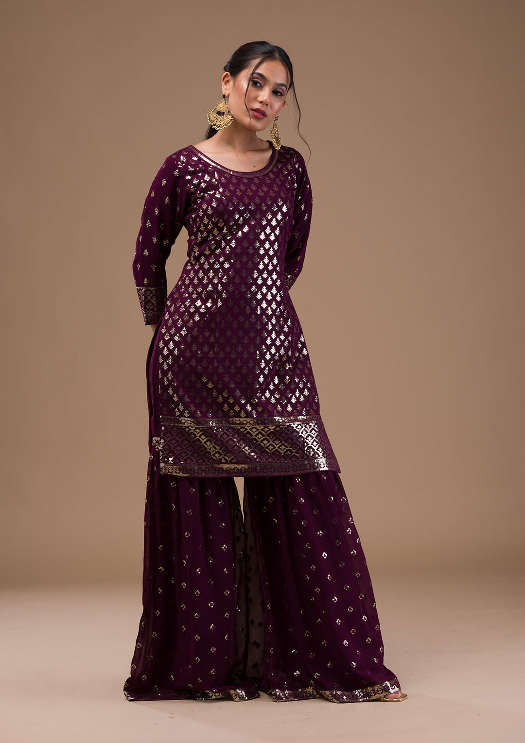 Wine Sequins Georgette Readymade Salwar Suit-Koskii