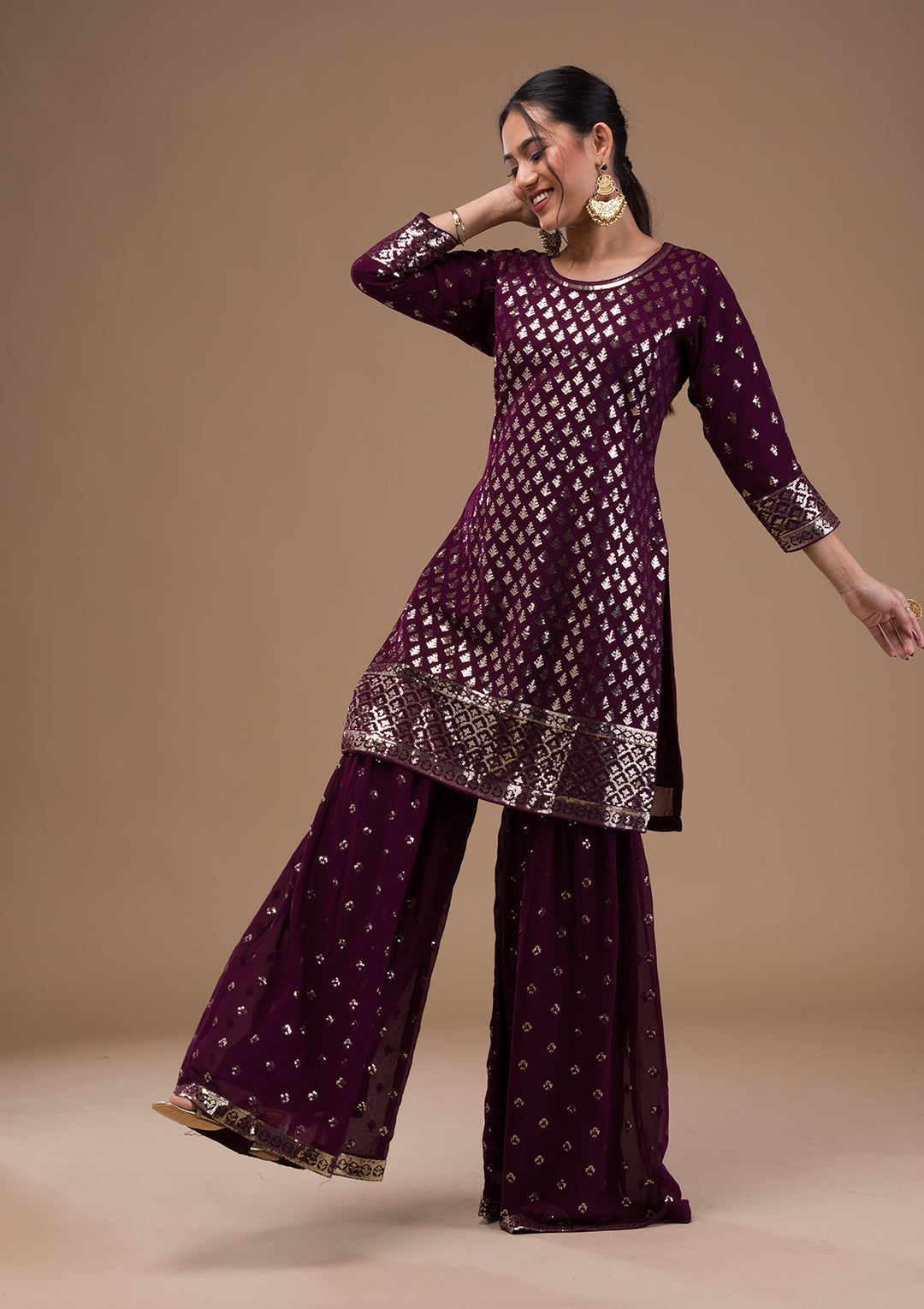 Wine Sequins Georgette Readymade Salwar Suit-Koskii