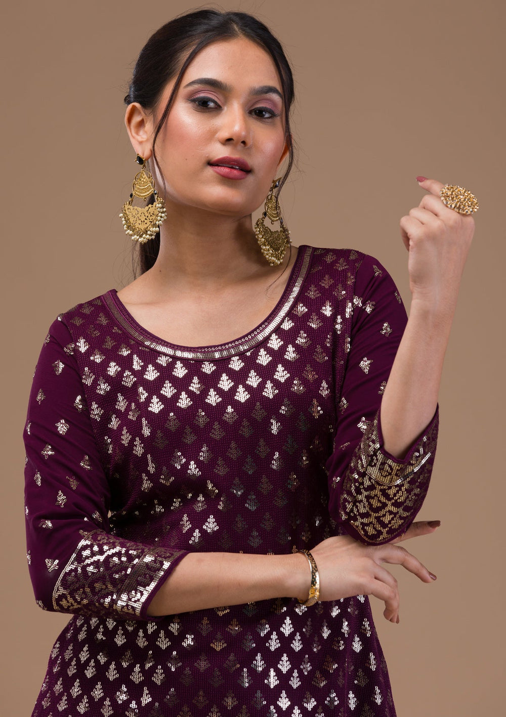 Wine Sequins Georgette Readymade Salwar Suit-Koskii