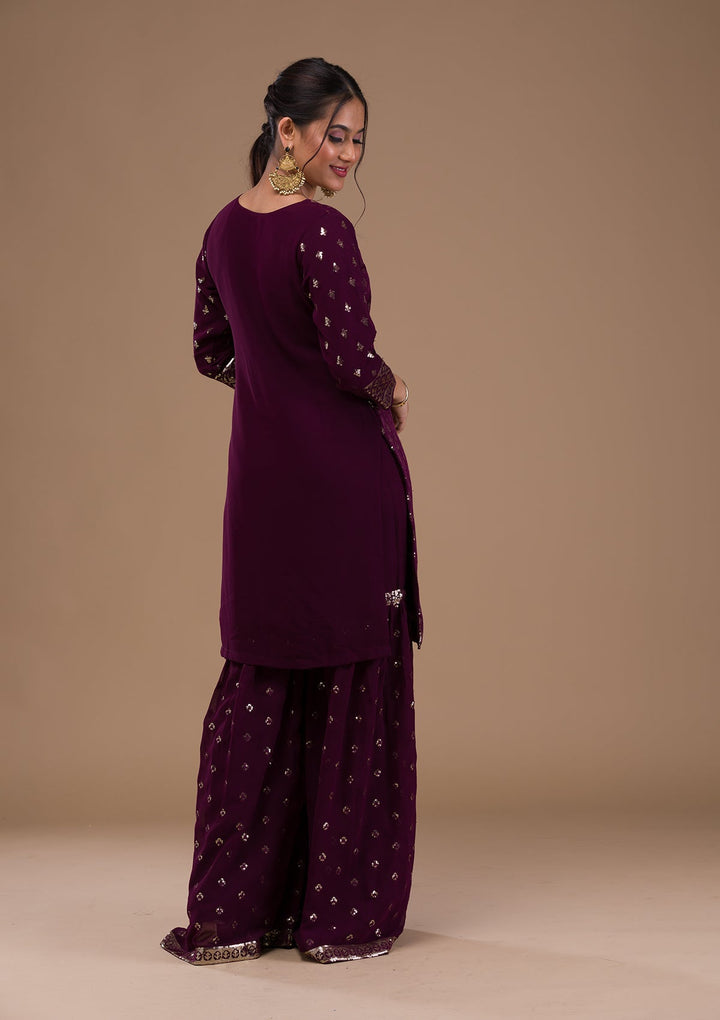 Wine Sequins Georgette Readymade Salwar Suit-Koskii