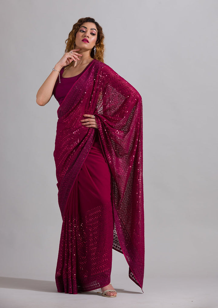 Wine Sequins Georgette Saree-Koskii