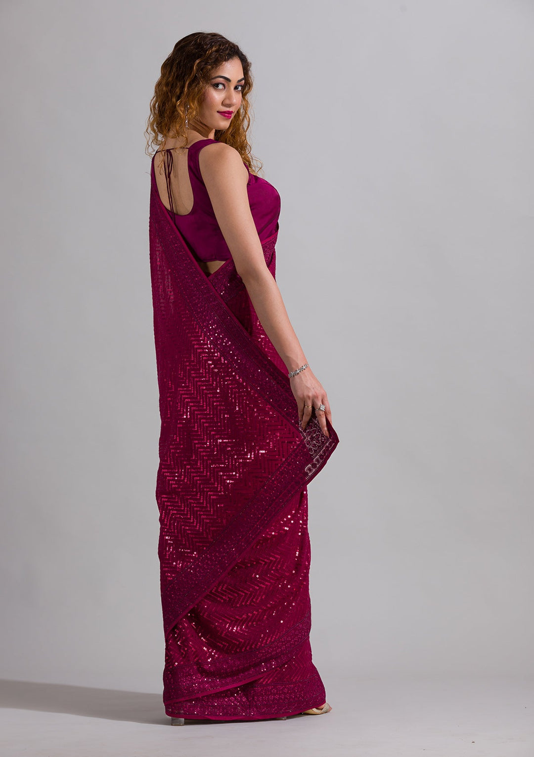 Wine Sequins Georgette Saree-Koskii