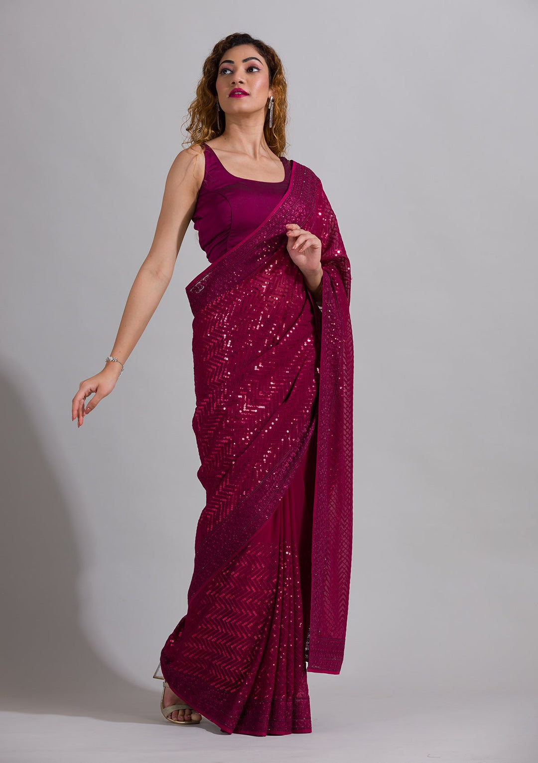Wine Sequins Georgette Saree-Koskii