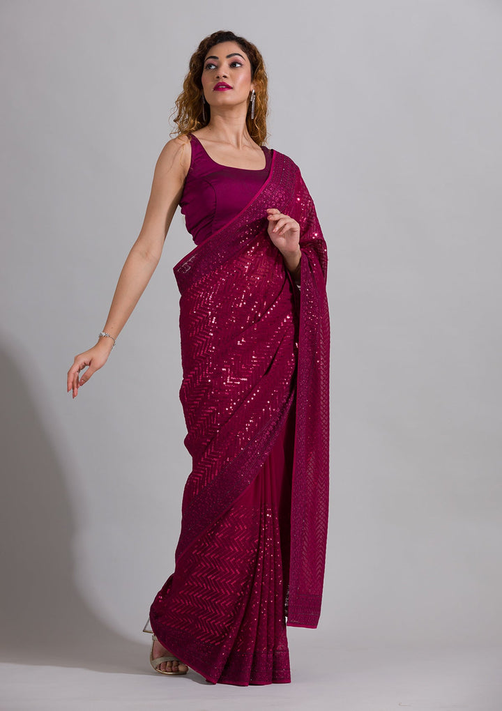 Wine Sequins Georgette Saree-Koskii