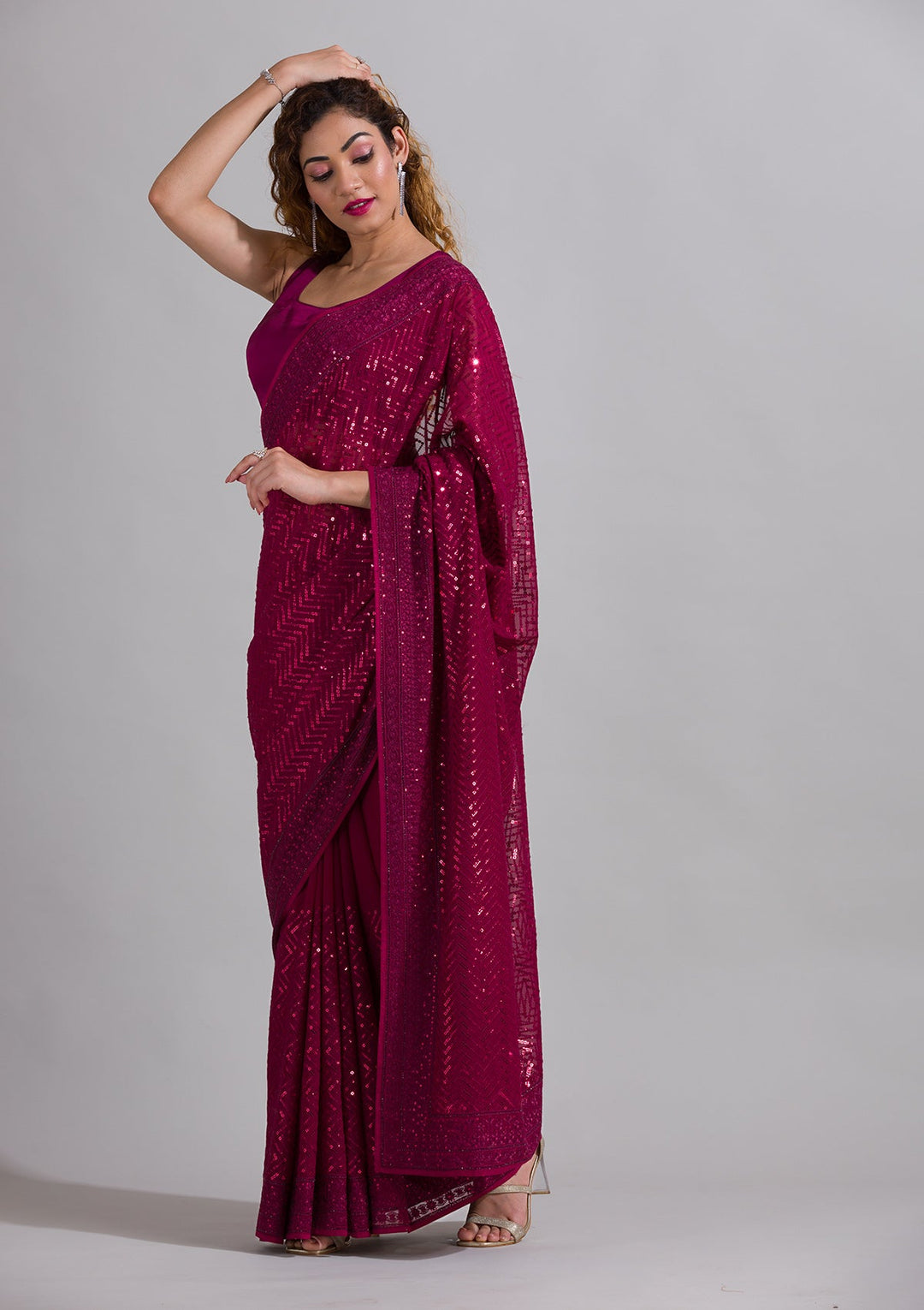 Wine Sequins Georgette Saree-Koskii