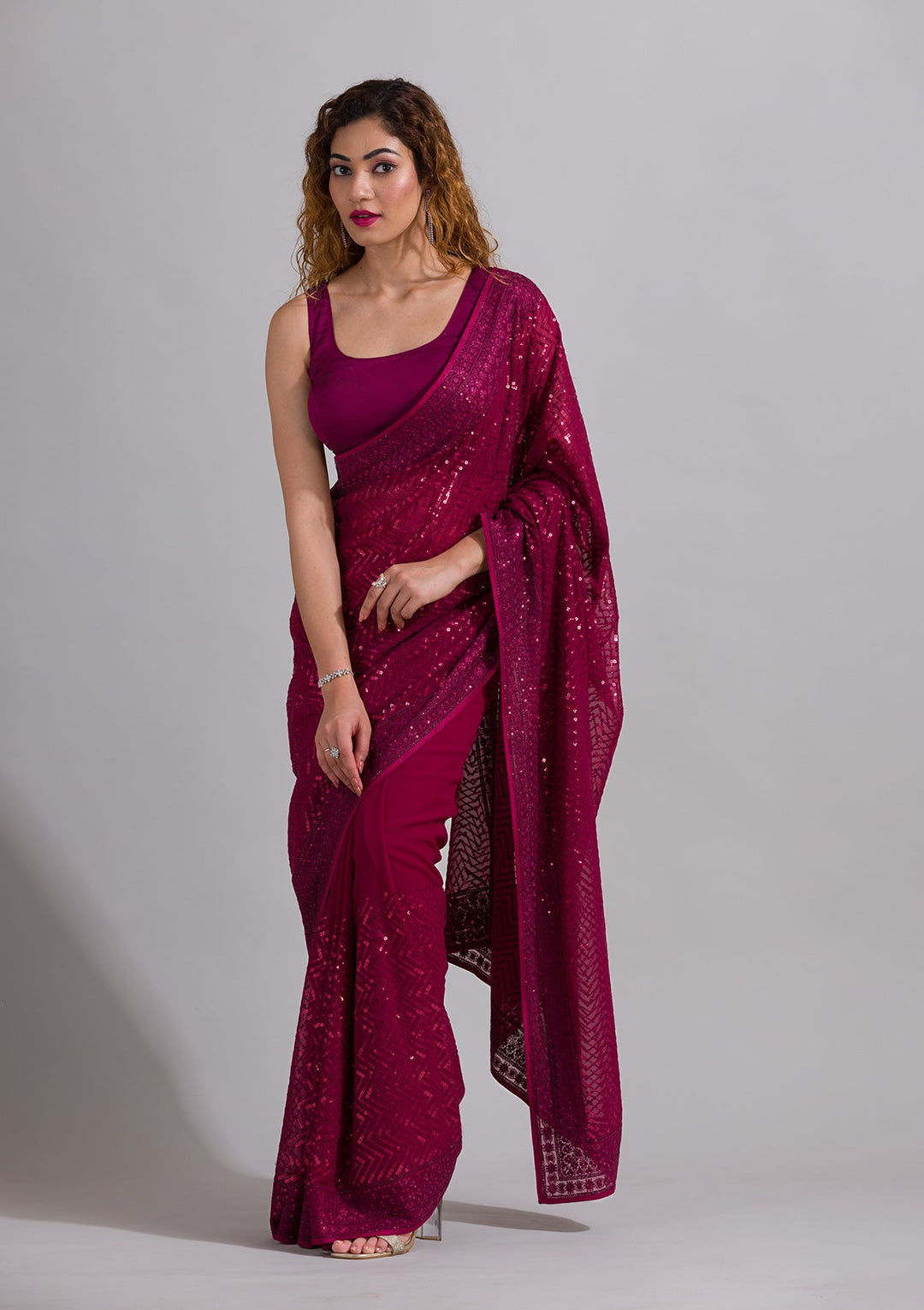 Wine Sequins Georgette Saree-Koskii