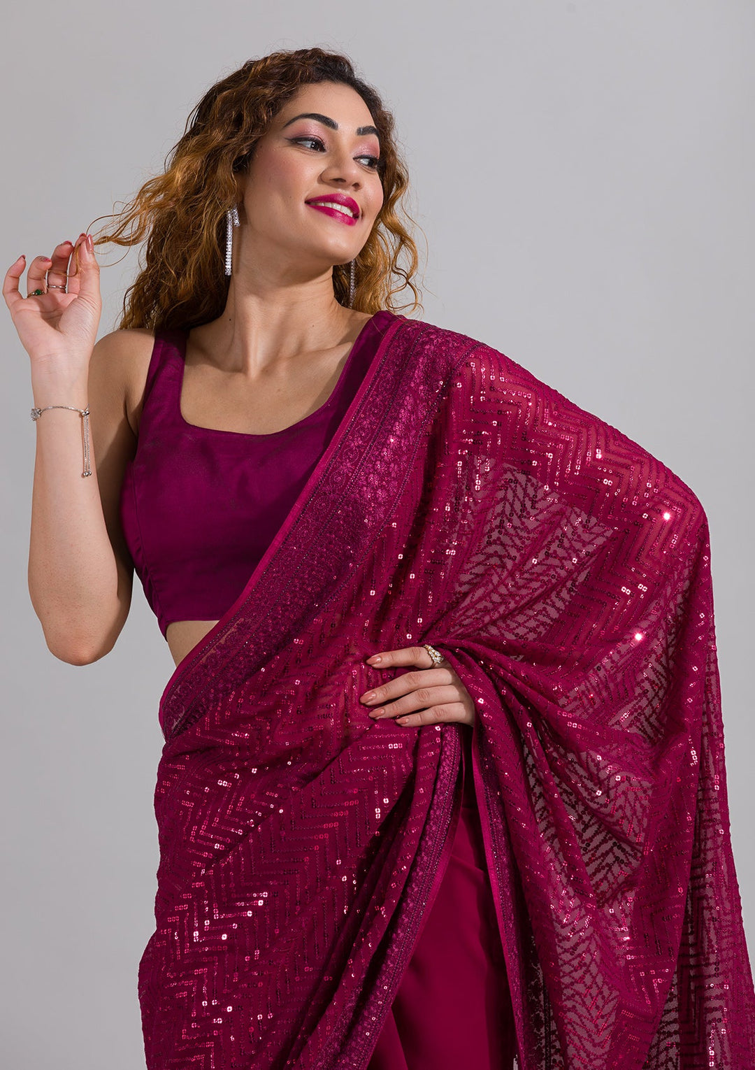 Wine Sequins Georgette Saree-Koskii