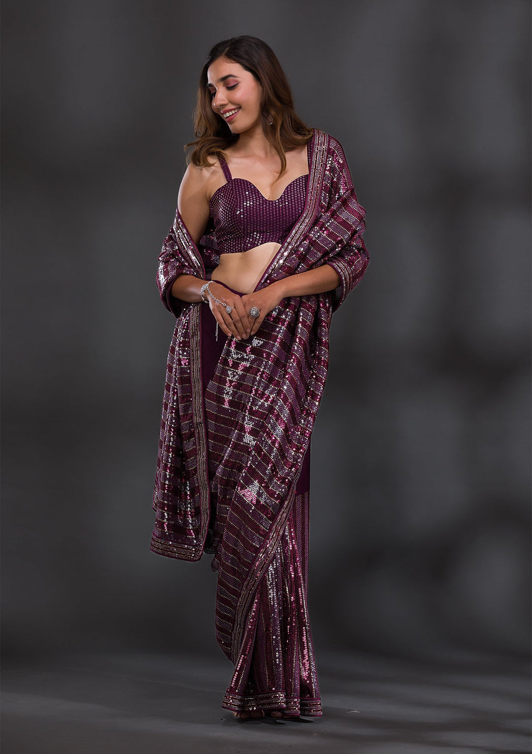 Wine Sequins Georgette Saree-Koskii
