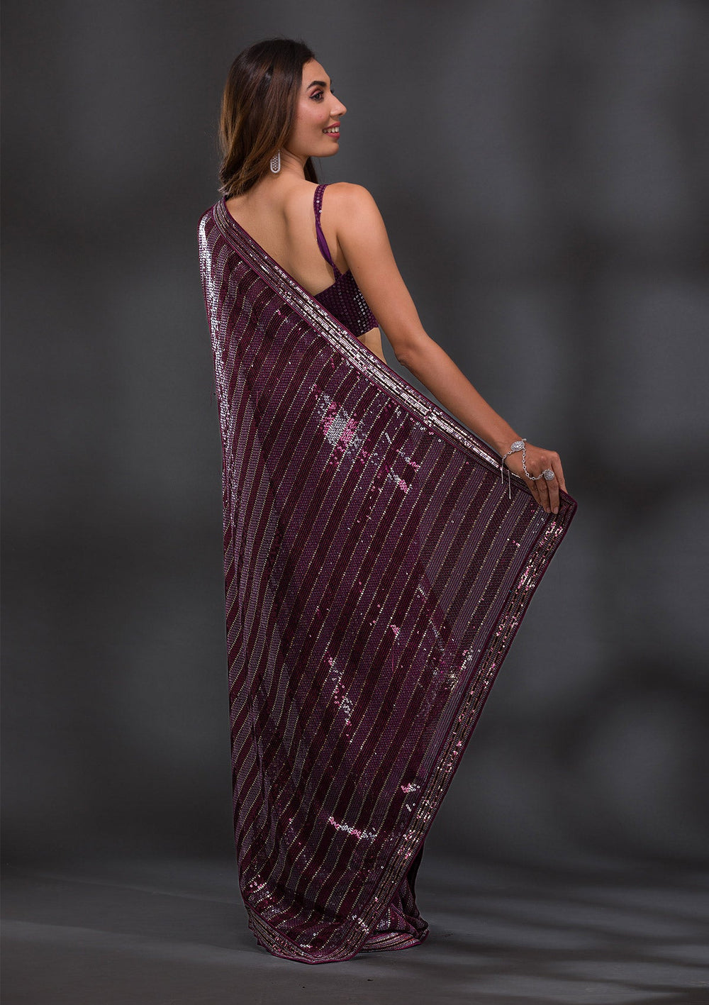 Wine Sequins Georgette Saree-Koskii
