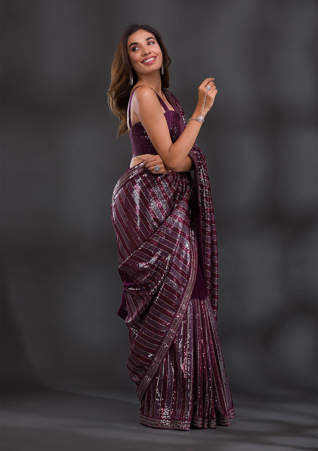 Wine Sequins Georgette Saree-Koskii
