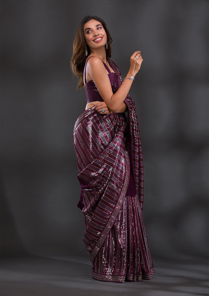 Wine Sequins Georgette Saree-Koskii