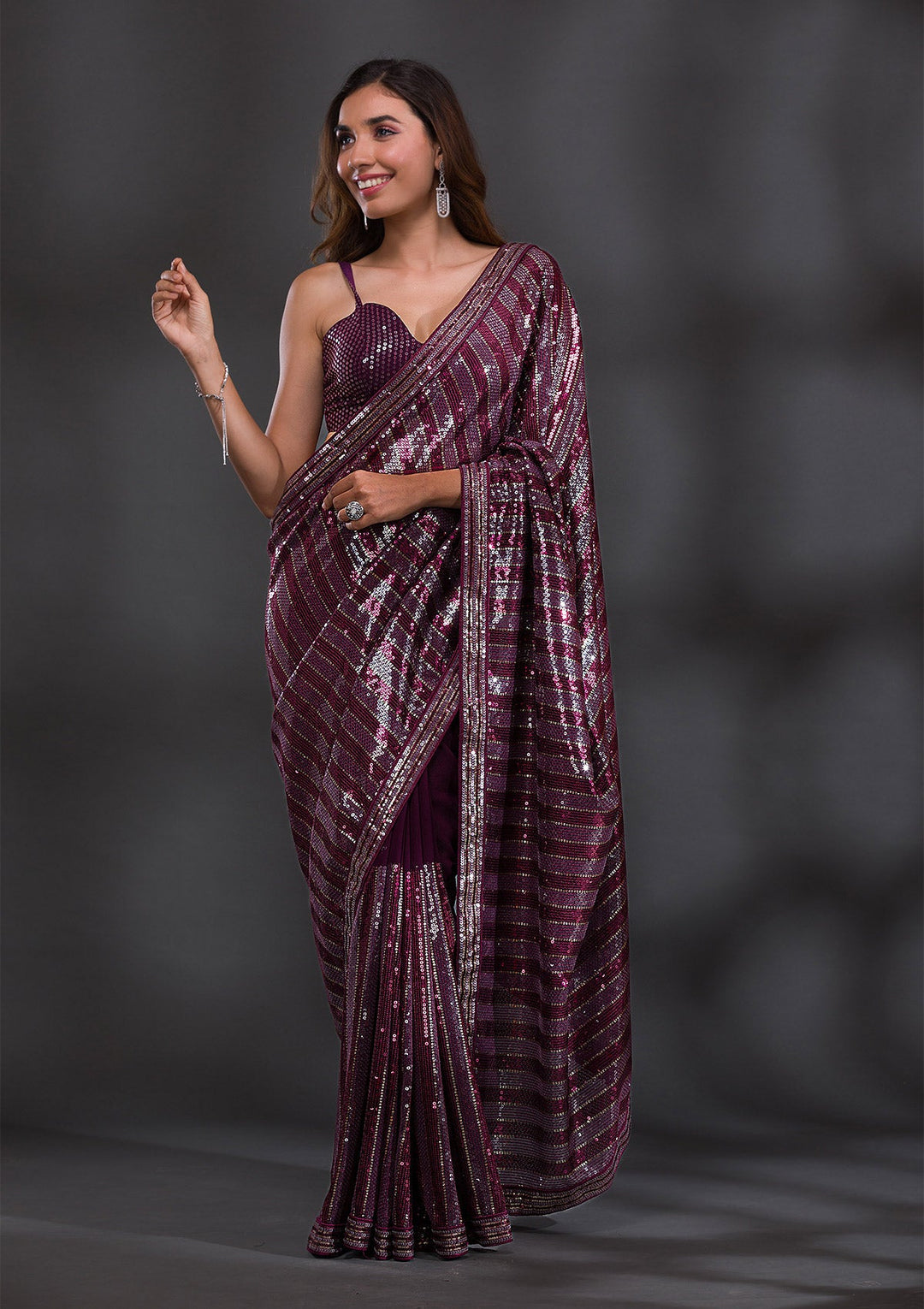 Wine Sequins Georgette Saree-Koskii