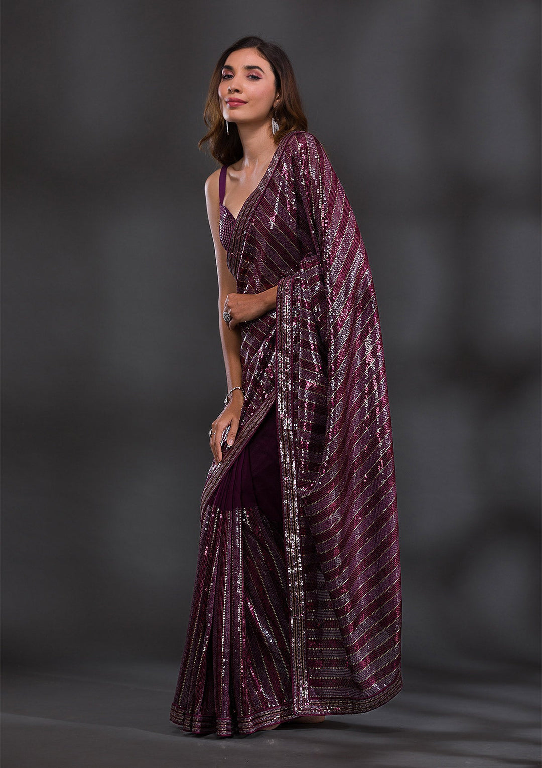 Wine Sequins Georgette Saree-Koskii