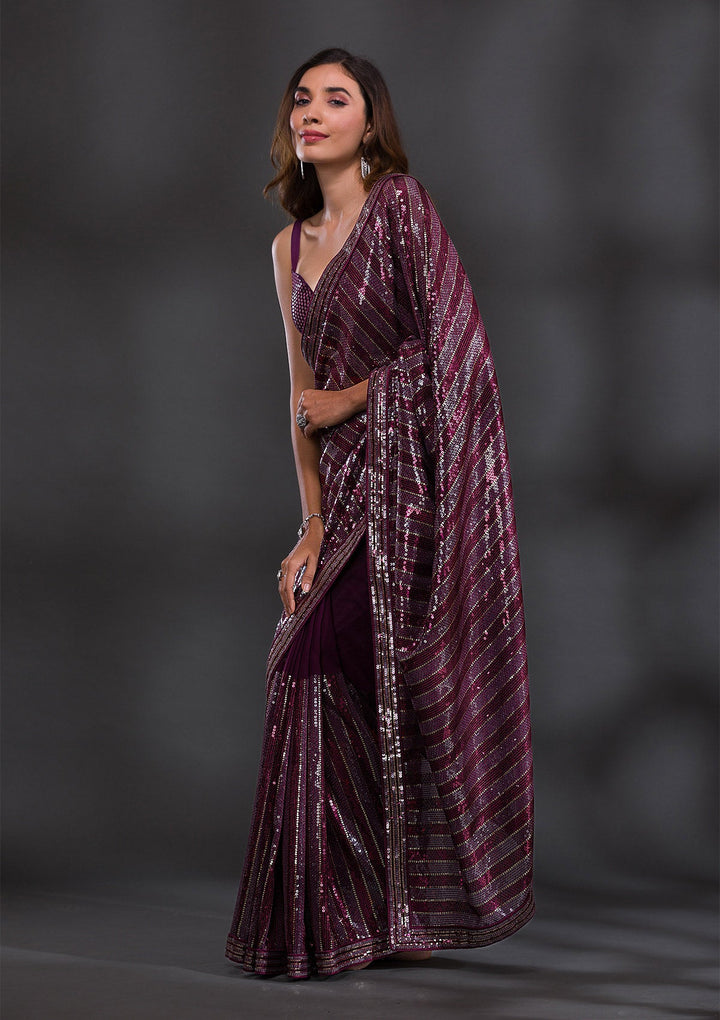 Wine Sequins Georgette Saree-Koskii