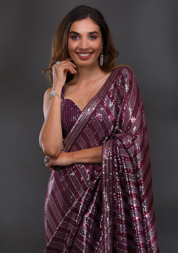 Wine Sequins Georgette Saree-Koskii