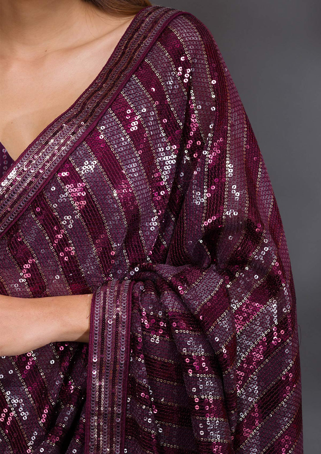 Wine Sequins Georgette Saree-Koskii