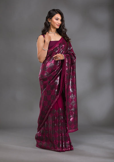 Wine Sequins Georgette Saree-Koskii