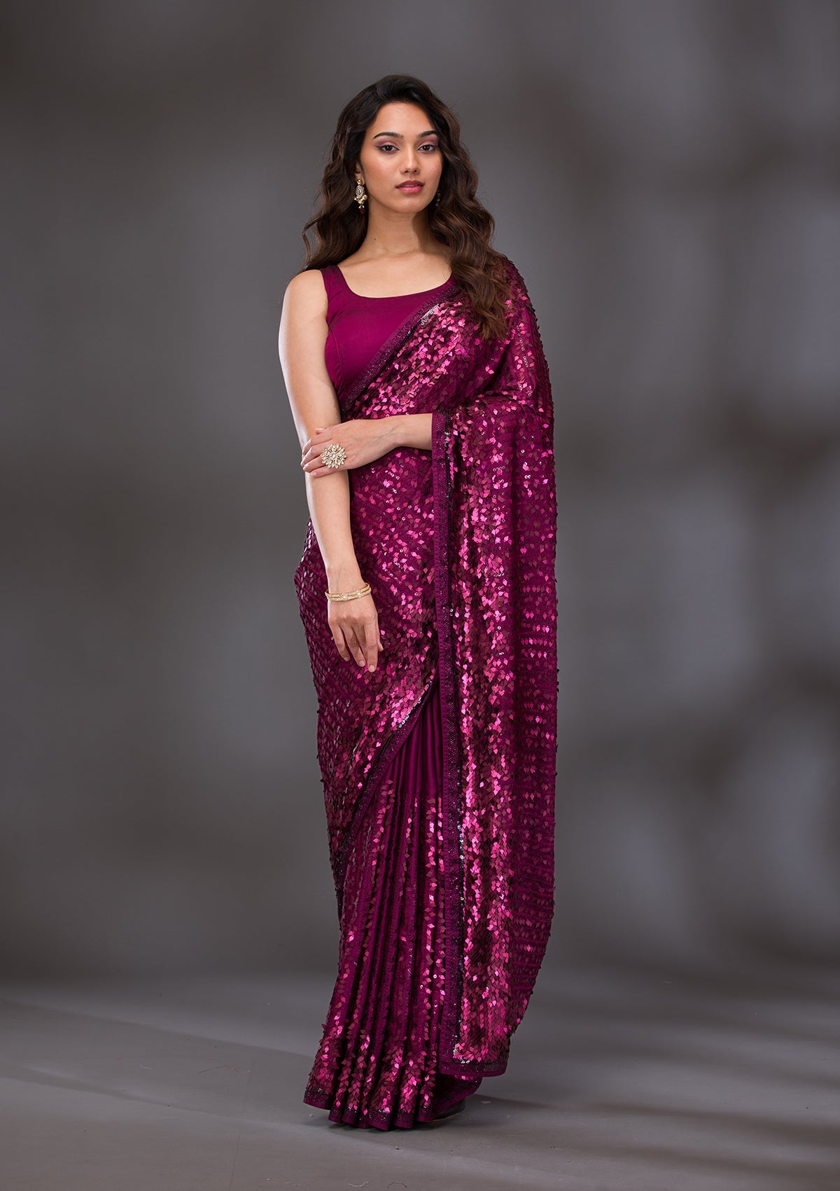 Wine Sequins Georgette Saree-Koskii