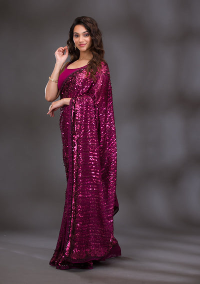 Wine Sequins Georgette Saree-Koskii