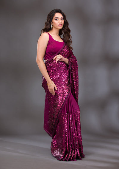 Wine Sequins Georgette Saree-Koskii