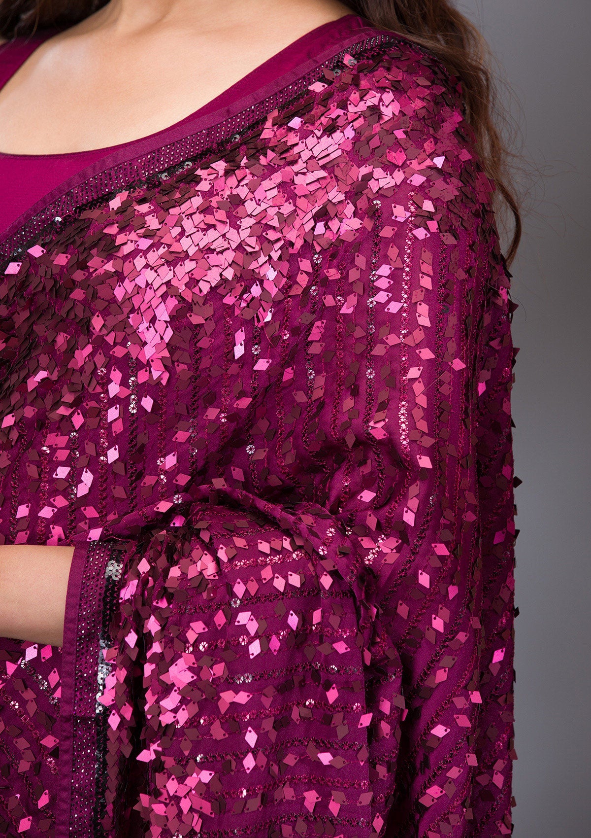 Wine Sequins Georgette Saree-Koskii