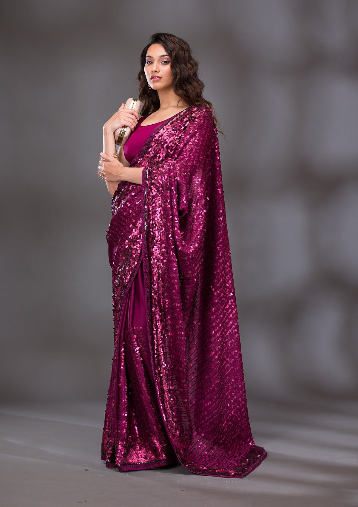 Wine Sequins Georgette Saree-Koskii