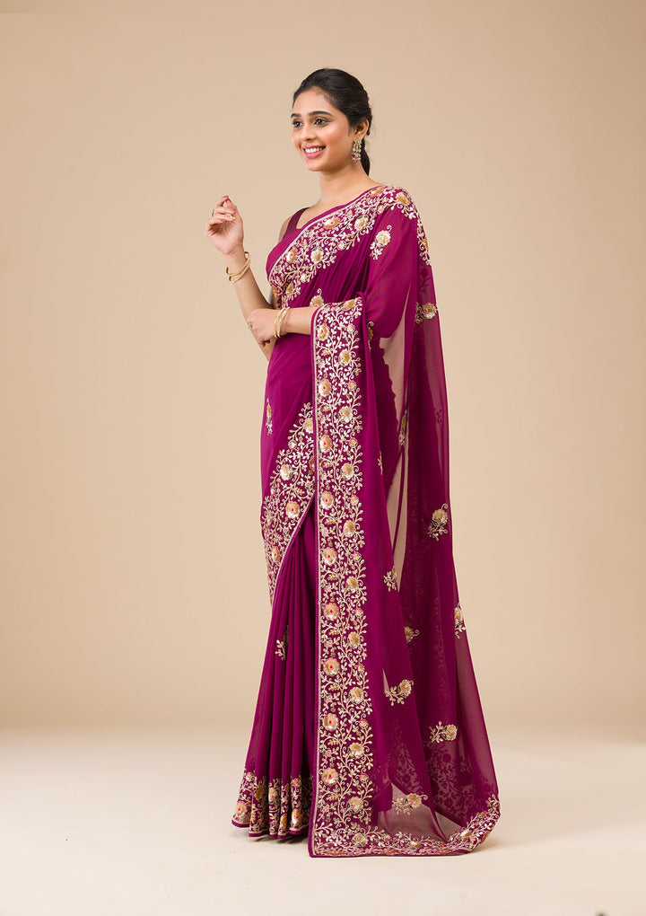 Wine Sequins Georgette Saree-Koskii