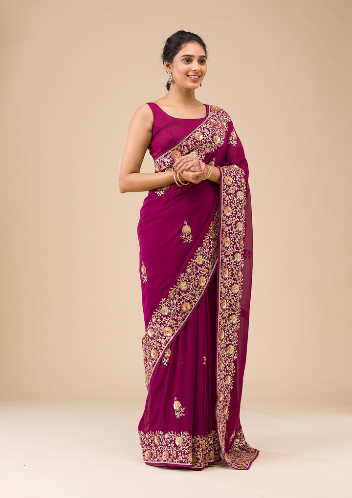 Wine Sequins Georgette Saree-Koskii