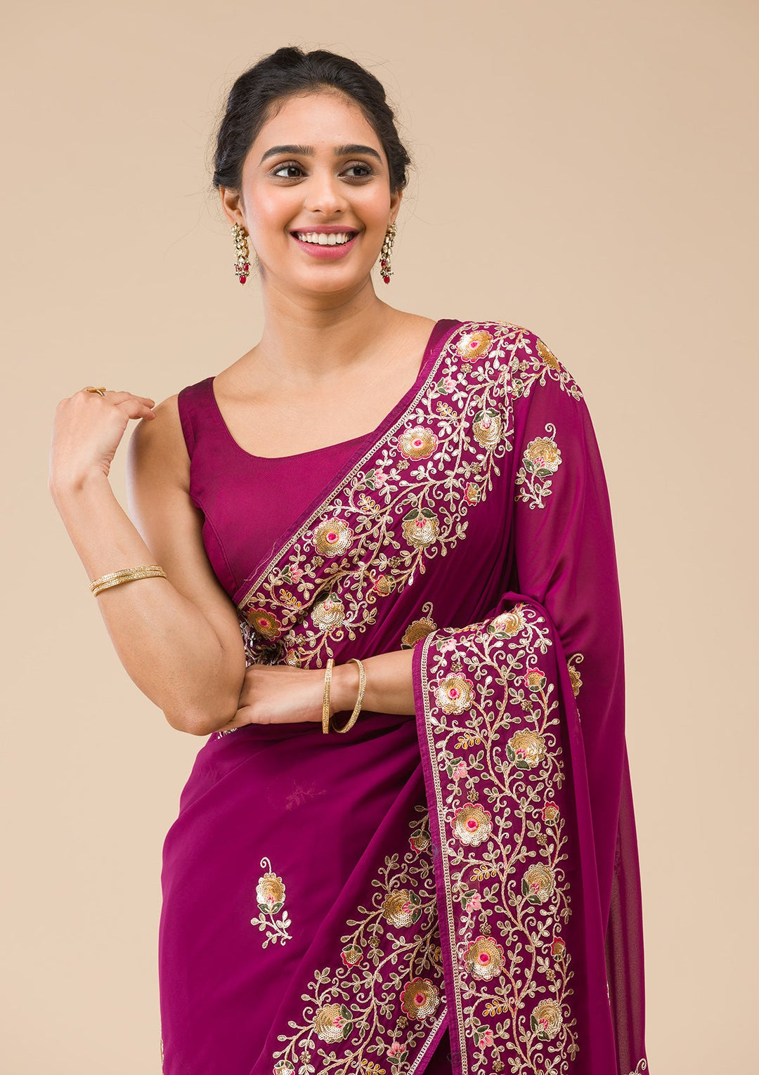 Wine Sequins Georgette Saree-Koskii
