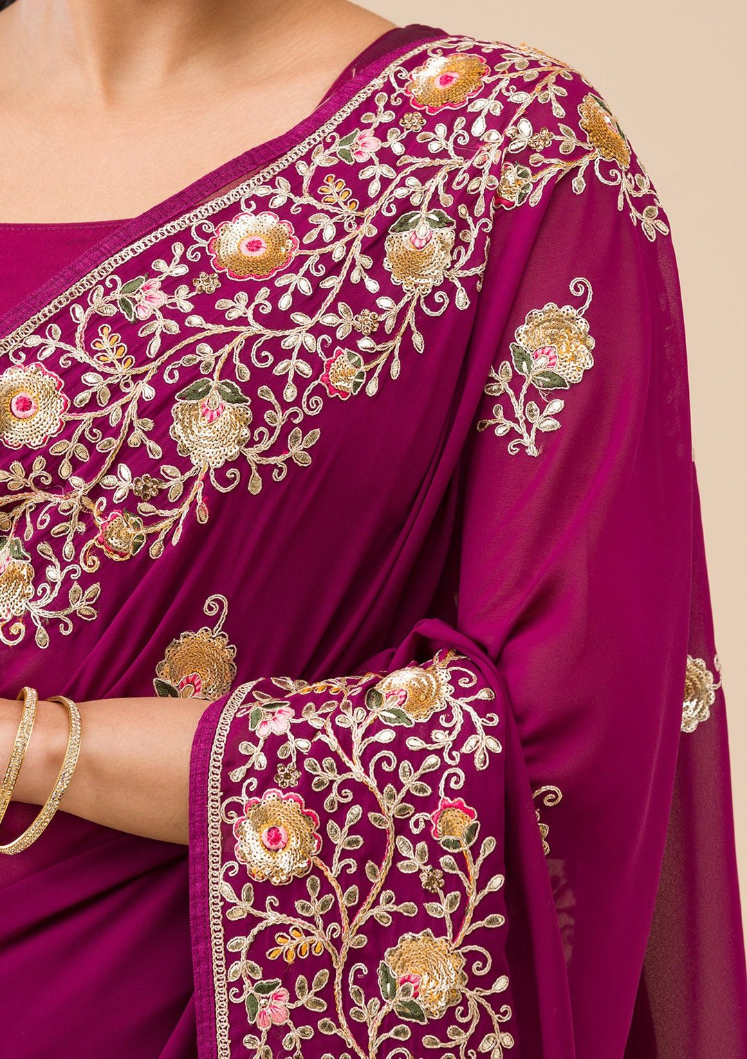Wine Sequins Georgette Saree-Koskii