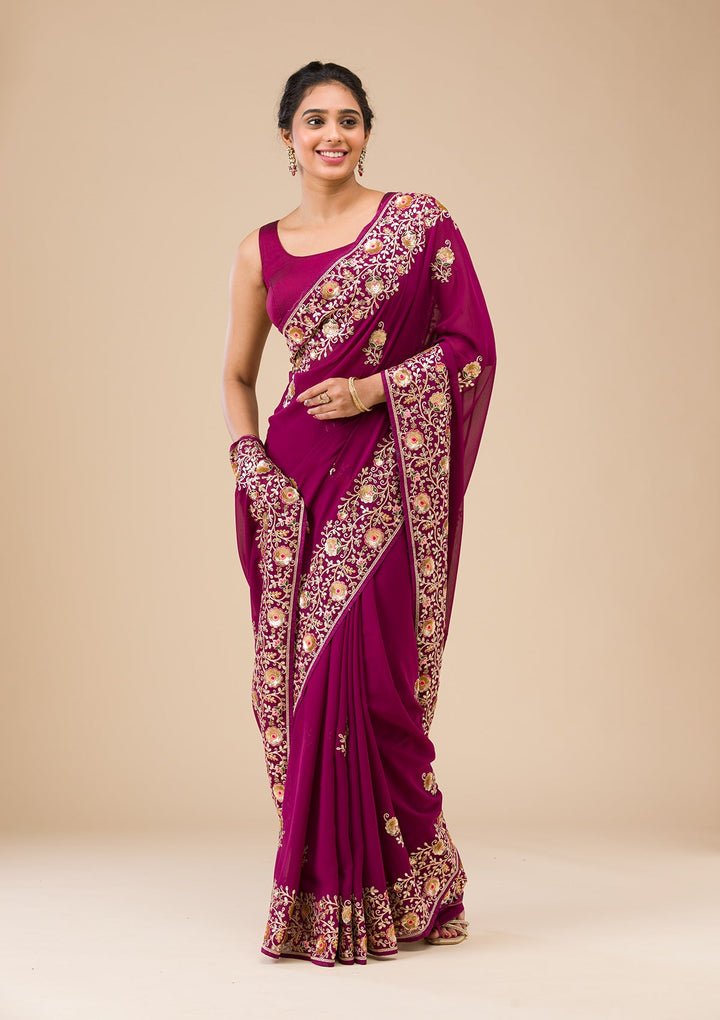 Wine Sequins Georgette Saree-Koskii