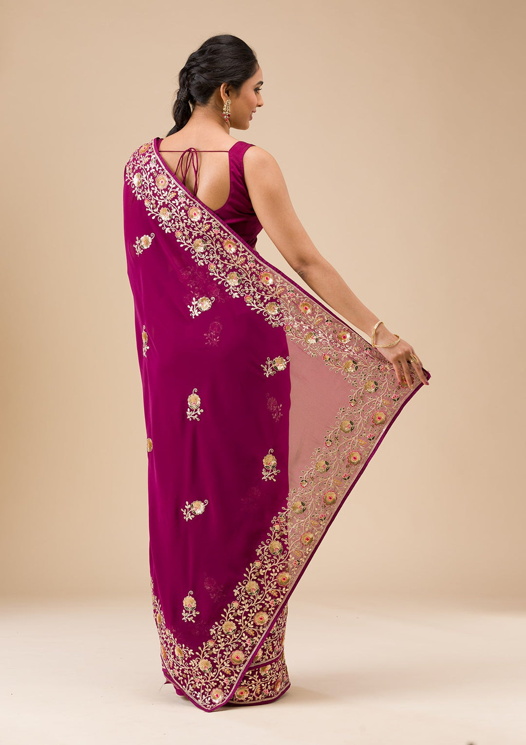 Wine Sequins Georgette Saree-Koskii