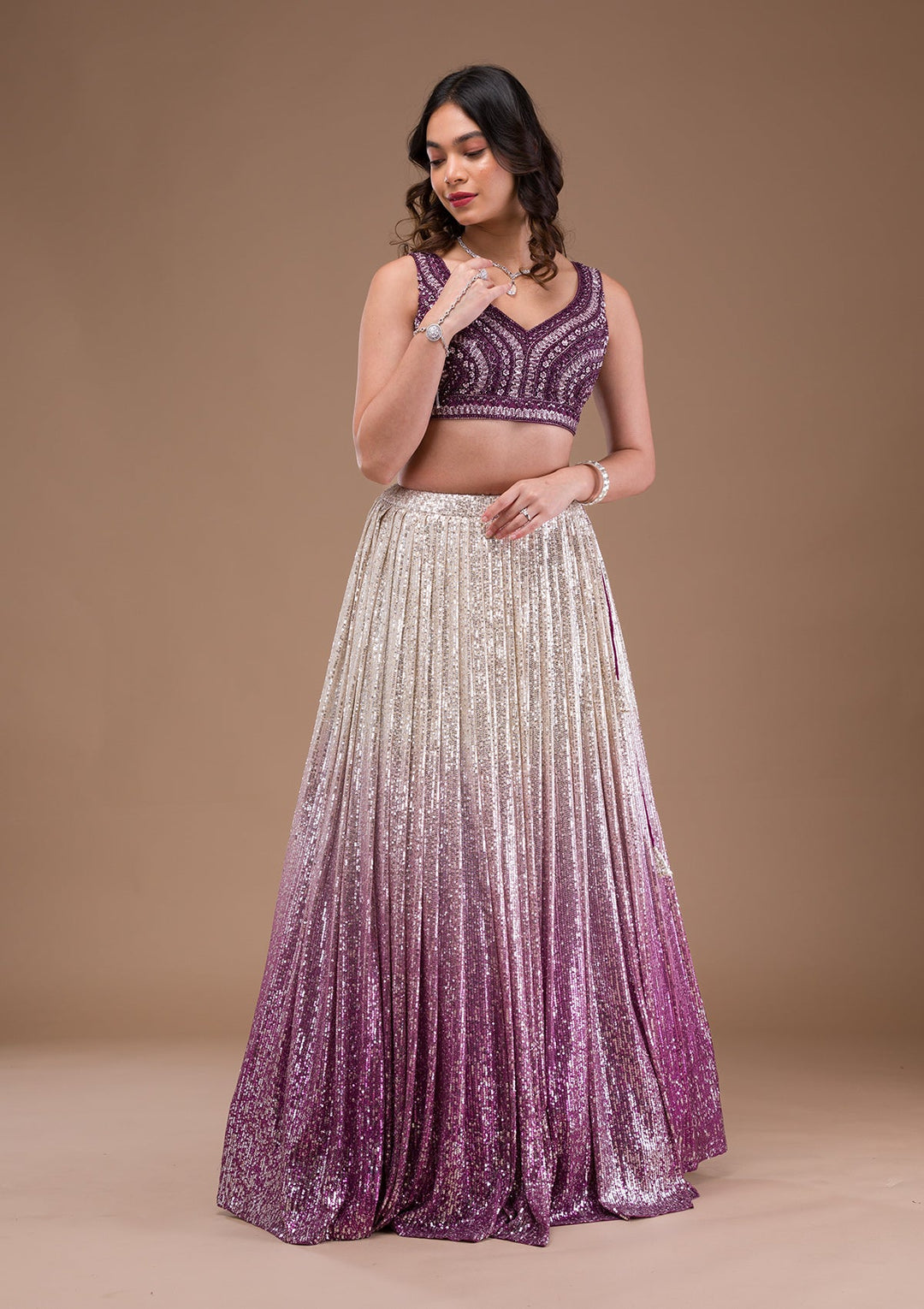 Wine Sequins Lycra Readymade Lehenga-Koskii