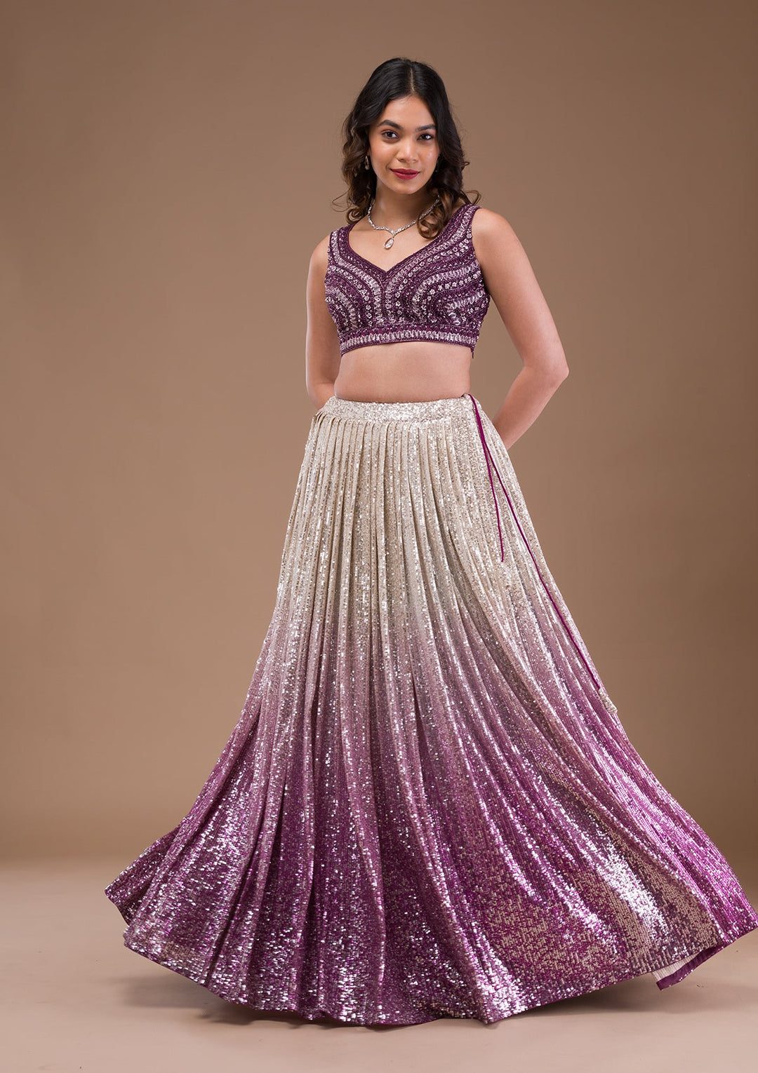 Wine Sequins Lycra Readymade Lehenga-Koskii