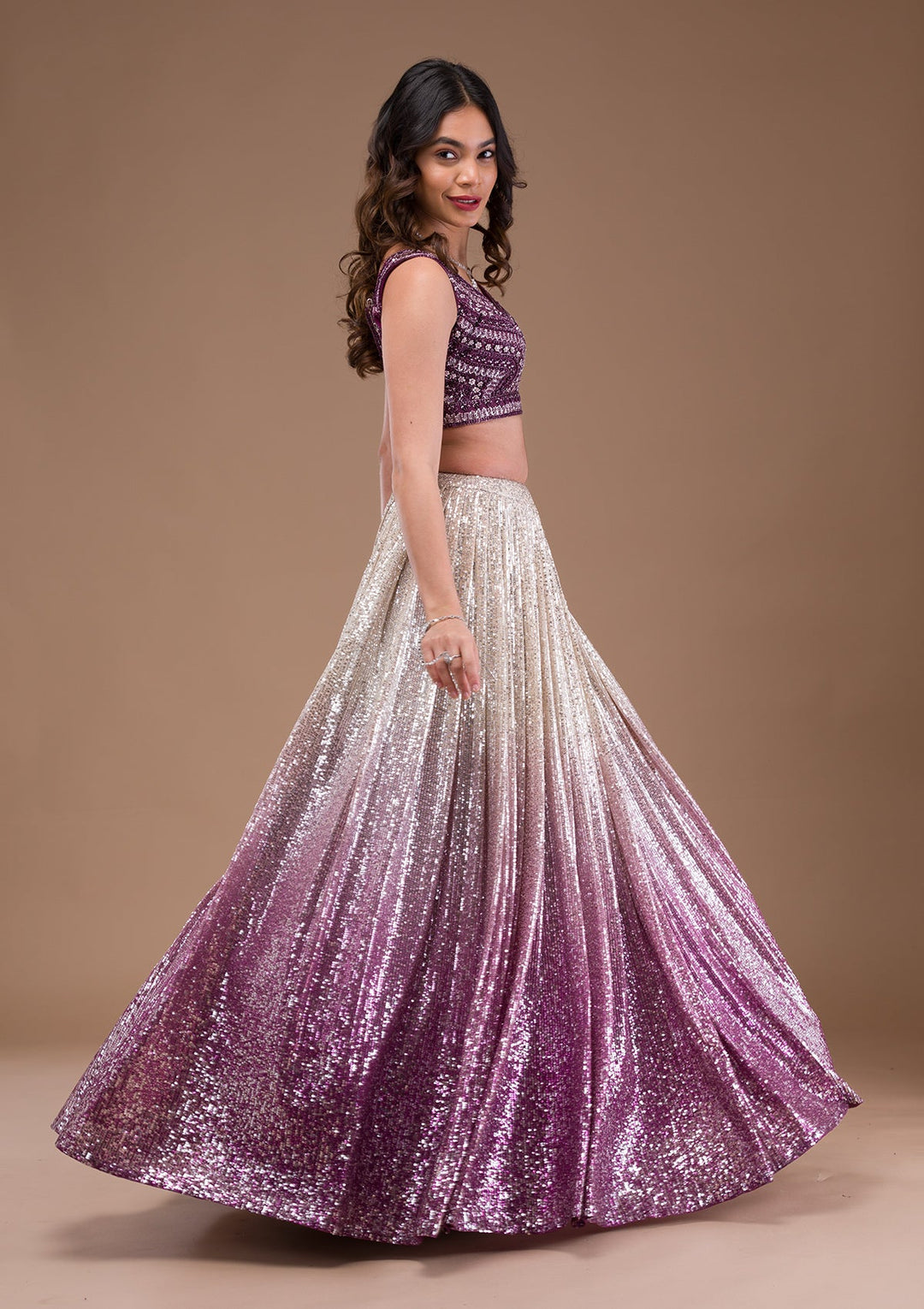 Wine Sequins Lycra Readymade Lehenga-Koskii
