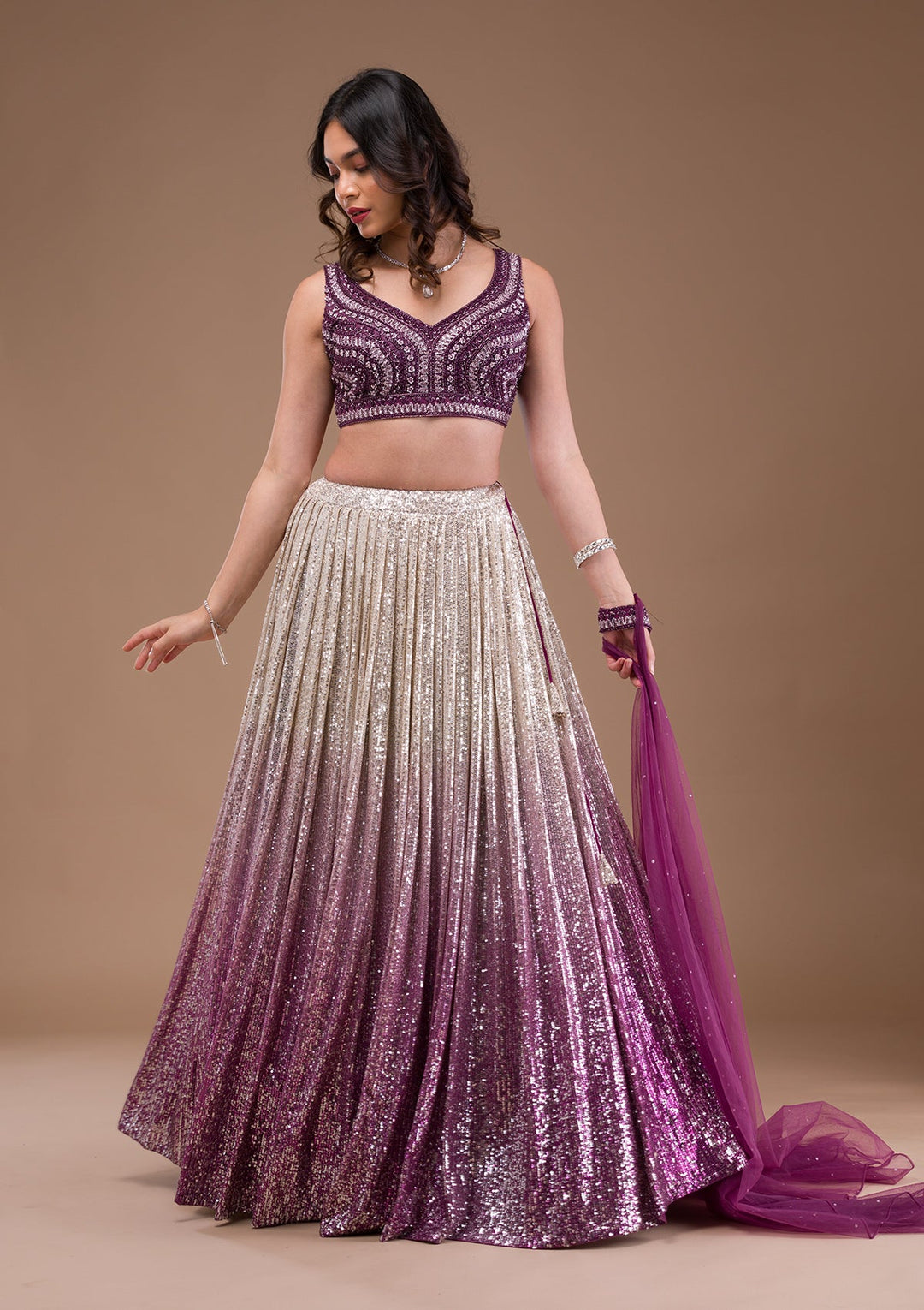 Wine Sequins Lycra Readymade Lehenga-Koskii