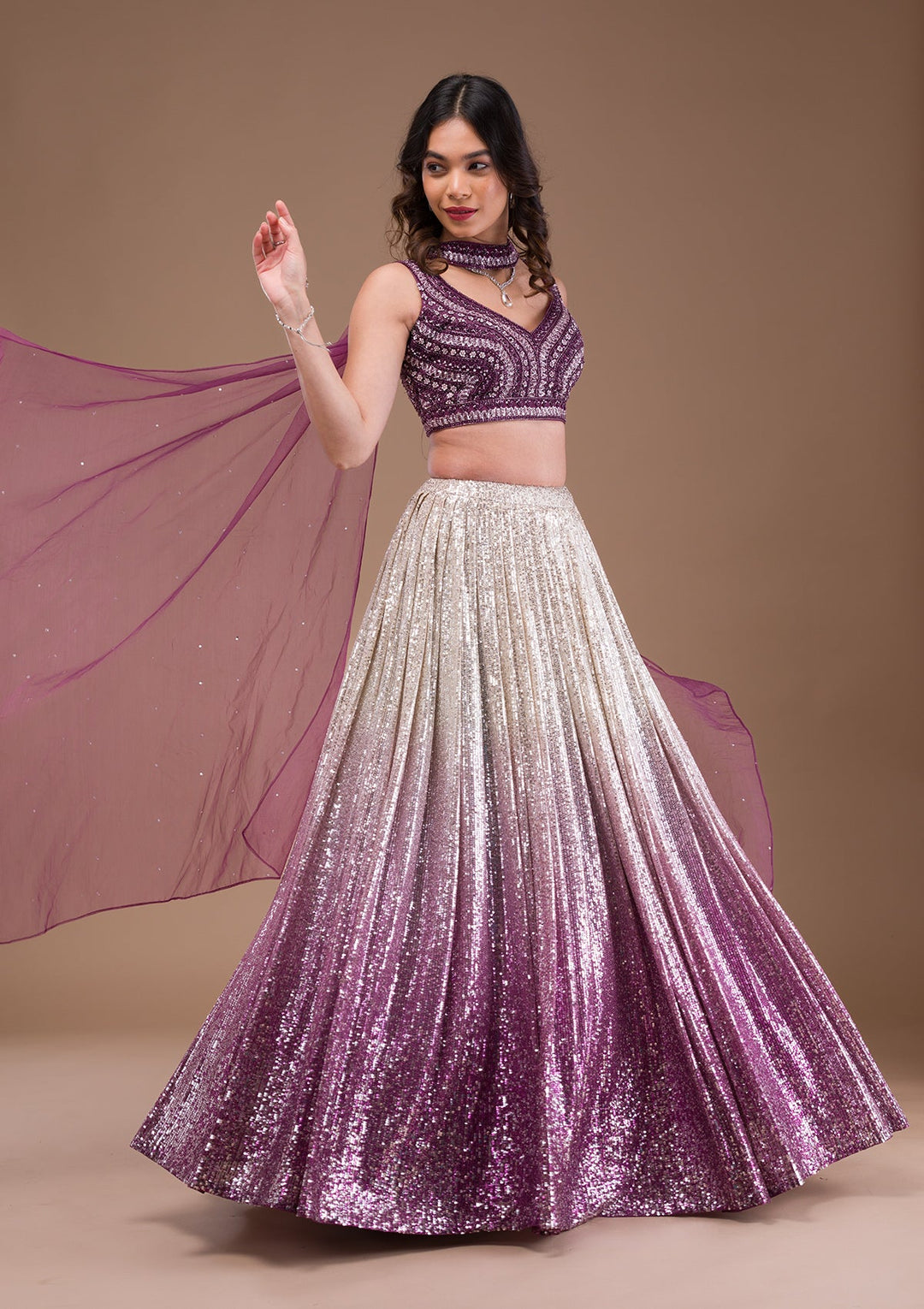 Wine Sequins Lycra Readymade Lehenga-Koskii