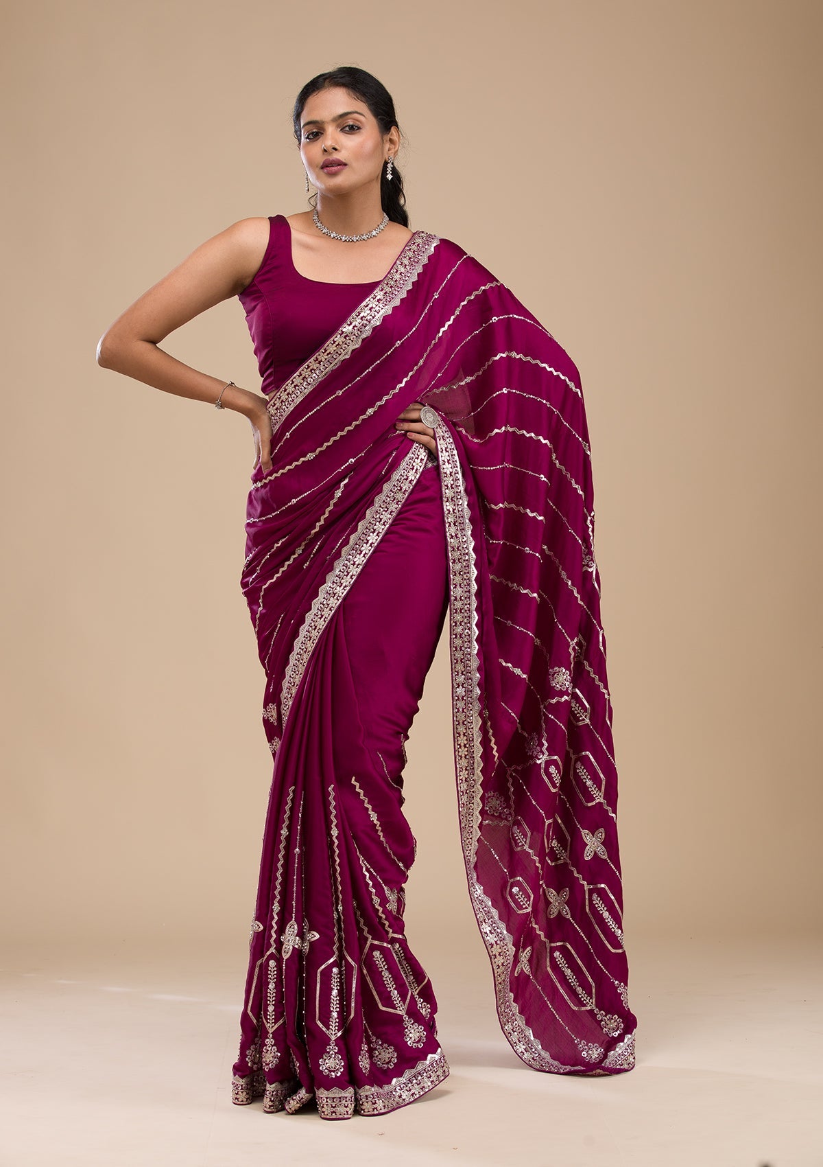 Wine Sequins Satin Saree