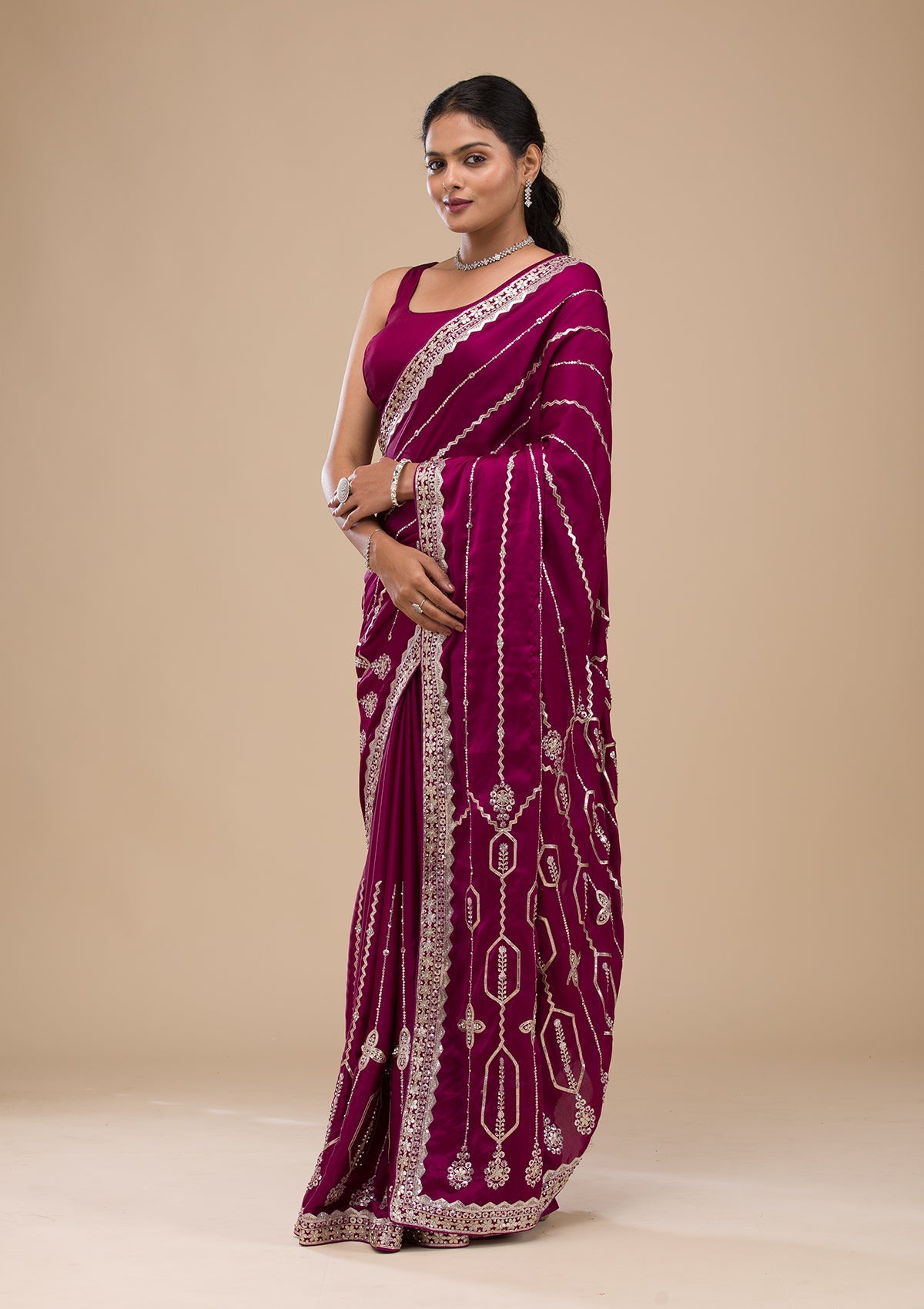 Wine Sequins Satin Saree