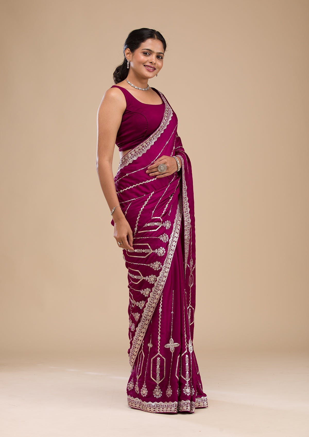 Wine Sequins Satin Saree