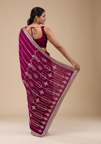 Wine Sequins Satin Saree