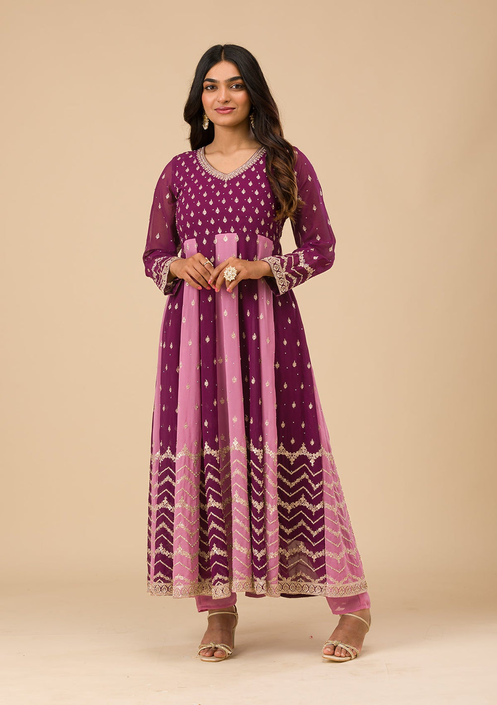 Wine Silver Zariwork Georgette Readymade Salwar Suit-Koskii