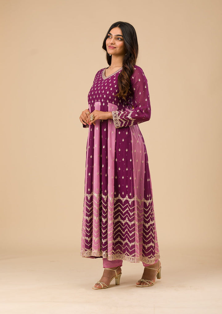Wine Silver Zariwork Georgette Readymade Salwar Suit-Koskii