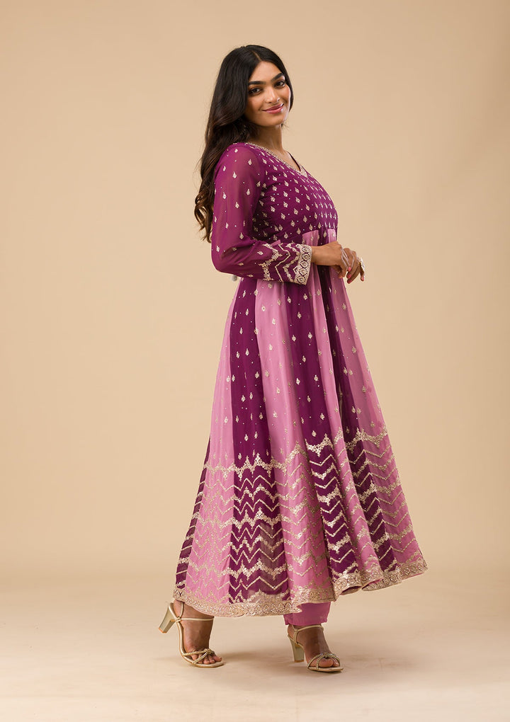 Wine Silver Zariwork Georgette Readymade Salwar Suit-Koskii