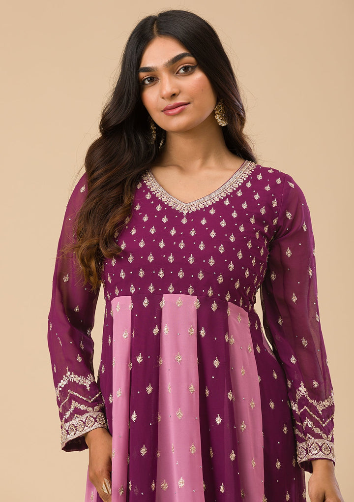 Wine Silver Zariwork Georgette Readymade Salwar Suit-Koskii