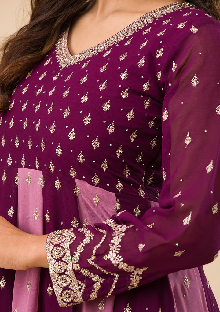 Wine Silver Zariwork Georgette Readymade Salwar Suit-Koskii