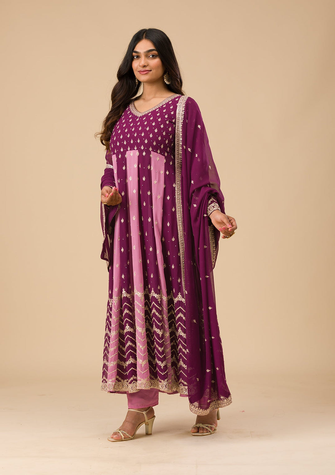 Wine Silver Zariwork Georgette Readymade Salwar Suit-Koskii