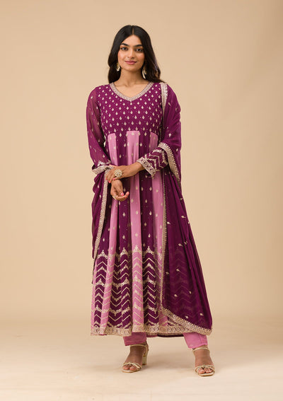 Wine Silver Zariwork Georgette Readymade Salwar Suit-Koskii